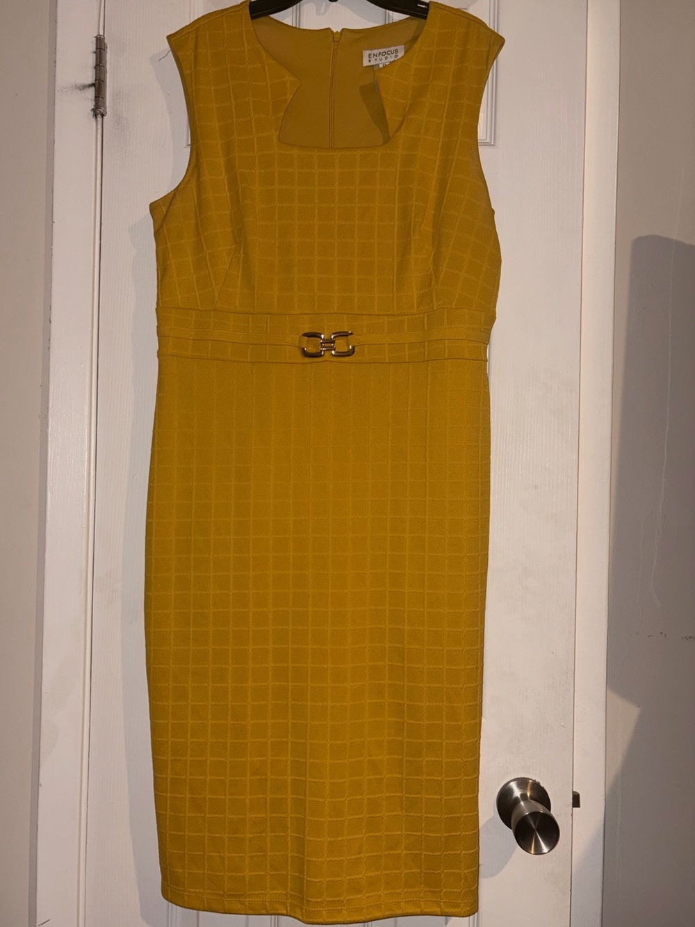 Enfocus Studio Yellow Grid Midi Sheath Dress with Waist Buckle